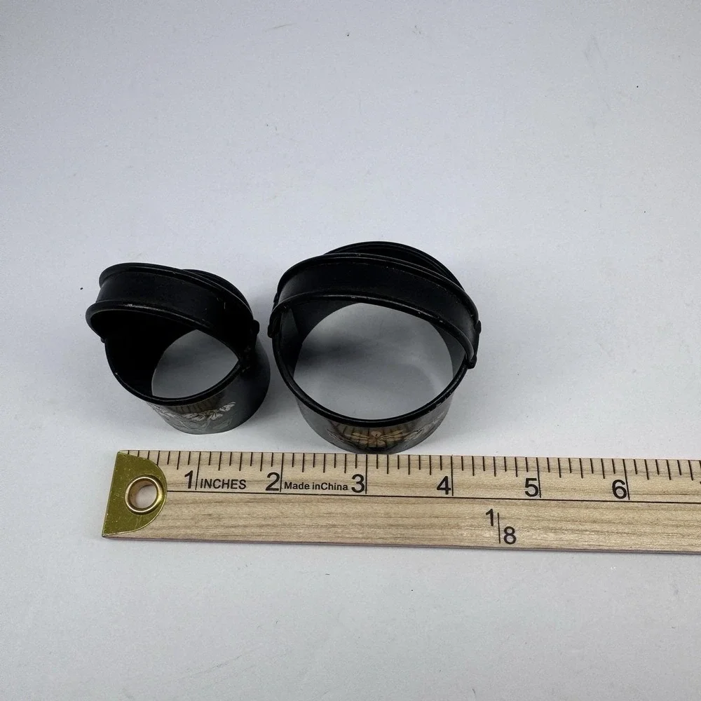 Vintage Hand‎ Painted Mini Tin Pails Buckets Floral Black Toleware Set of 2